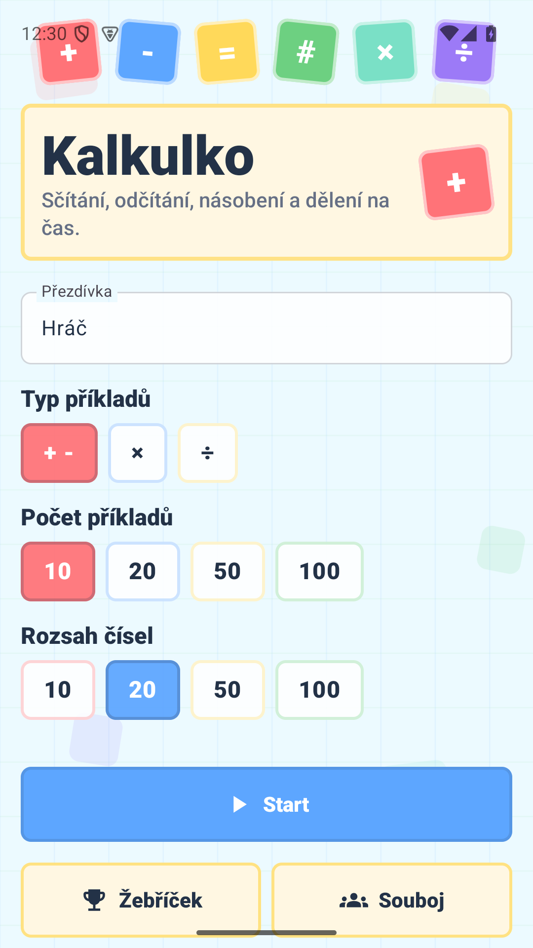 Nastavení matematické hry v aplikaci Kalkulko