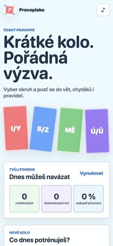 Úvodní obrazovka Pravopiska na mobilu s výběrem pravopisného okruhu