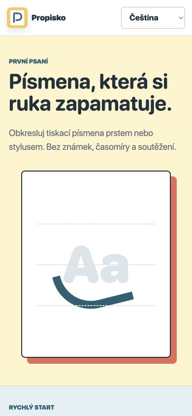Úvodní obrazovka Propiska s klidným obtahováním tiskacích písmen